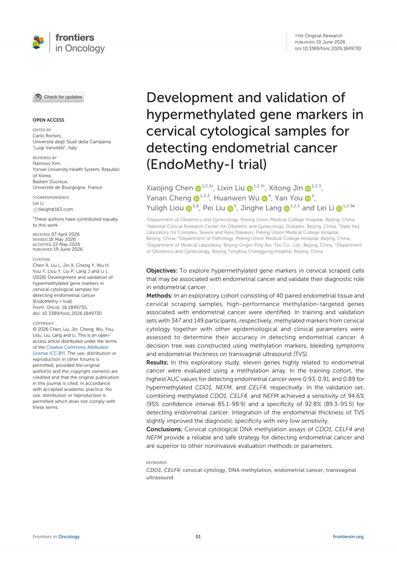 Development and validation of hypermethylated gene markers in cervical cytological samples for detecting endometrial cancer (EndoMethy-I trial)