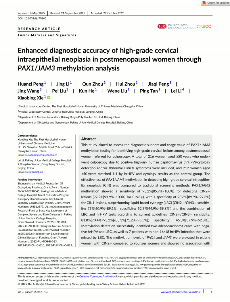 Enhanced diagnostic accuracy of high-grade cervical intraepithelial neoplasia in postmenopausal women through PAX1/JAM3 methylation analysis