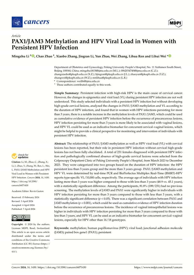 PAX1/JAM3 Methylation and HPV Viral Load in Women with Persistent HPV Infection