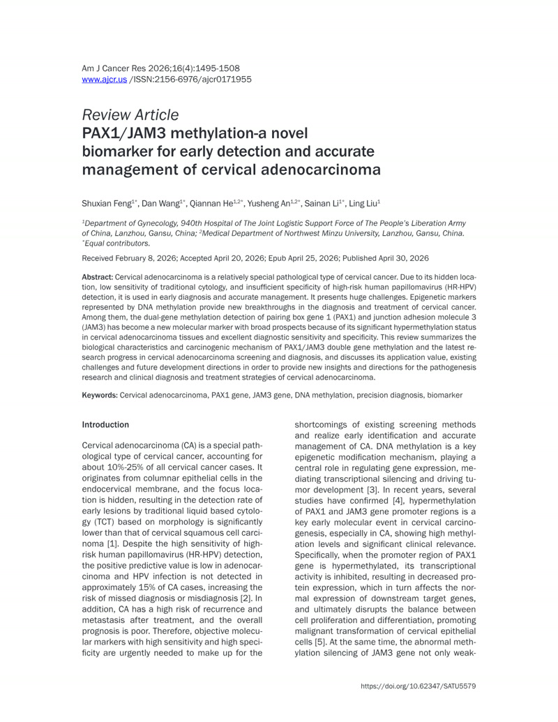 PAX1/JAM3 methylation-a novel biomarker for early detection and accurate management of cervical adenocarcinoma
