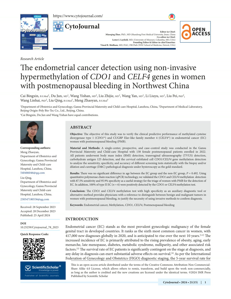 The endometrial cancer detection using non-invasive hypermethylation of CDO1 and CELF4 genes in women with postmenopausal bleeding in Northwest China
