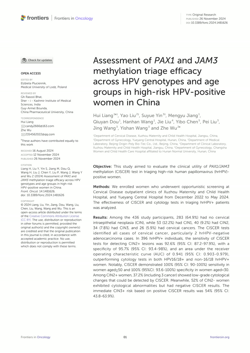 Assessment of PAX1 and JAM3 methylation triage efficacy across HPV genotypes and age groups in high-risk HPV-positive women in China