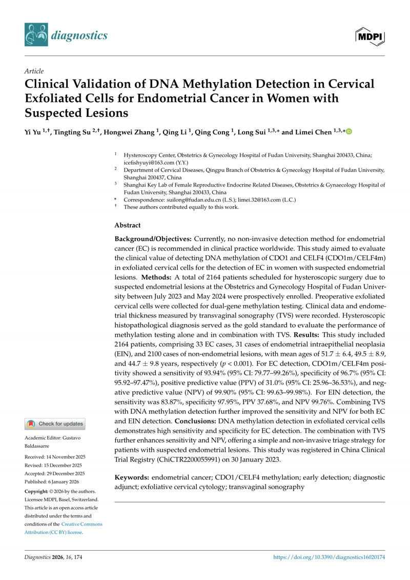 Clinical Validation of DNA Methylation Detection in Cervical Exfoliated Cells for Endometrial Cancer in Women with Suspected Lesions
